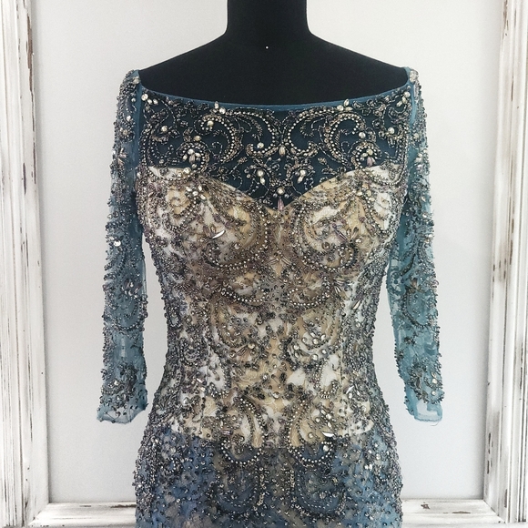 Mac Duggal Beaded Embroidered Metallic Lace Boatneck Cocktail Dress - Picture 2 of 15